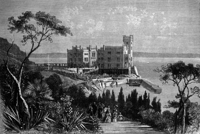 Uitzicht op het kasteel van Miramare in Triëst (tijdens de Oostenrijkse periode), gravure uit 1885 door Unknown artist