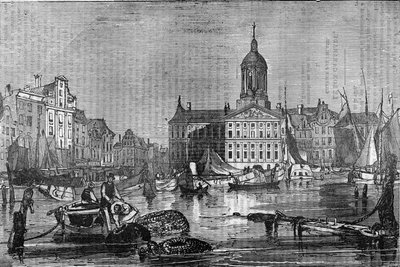 Gezicht op de stad Amsterdam en het oude stadhuis in de 19e eeuw door Unknown artist