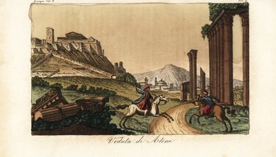 Uitzicht op de stad Athene, Griekenland, met de Akropolis en het Parthenon links, ruïnes van zuilen, monumenten en Propylaea op de voorgrond door Unknown artist