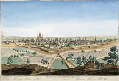 Uitzicht op de stad Milaan, Italië met de kathedraal en de vestingwerken. Gravure uit de 18e eeuw. door Unknown artist