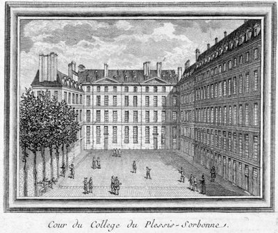 Zicht op de binnenplaats van het college van Plessis Sorbonne (Parijs), gesticht in 1323 door Geoffroy du Plessis Balisson, gebruikt in 1848 en 1849 door de ENA. Gravure bewaard in het Musee Carnavalet door Unknown artist