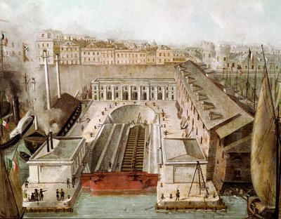 Uitzicht op het droogdok van de haven van Napels, ingehuldigd in 1852. Schilderij uit de 19e eeuw Museo di Capodimonte Napels door Unknown artist
