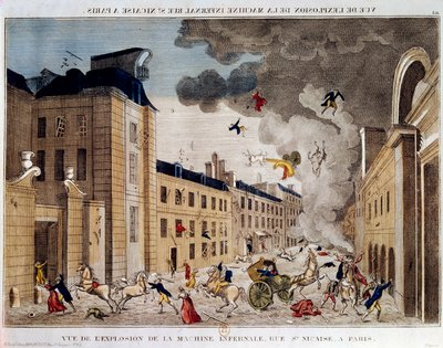 Zicht op de explosie van de helse machine van de rue Saint Nicaise in Parijs op de 3e nivose an IX door Unknown artist