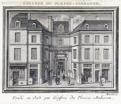 Uitzicht op de buitengevel van het college van Plessis Sorbonne (Parijs), gesticht in 1323 door Geoffroy van Plessis Balisson, gebruikt van 1848 tot 1849 door de ENA. Gravure bewaard in het Musée Carnavalet, Parijs door Unknown artist