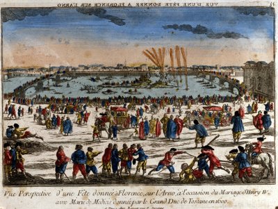 Uitzicht op het feest gegeven in Florence aan de oevers van de rivier de Arno door de Groothertog van Toscane ter gelegenheid van het huwelijk van Hendrik IV met Maria de
