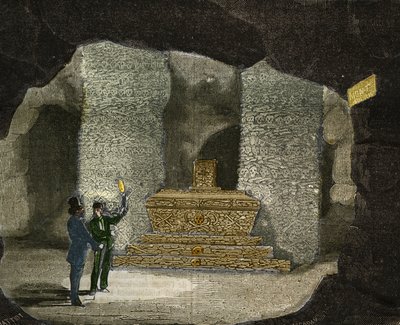 Gezicht op het ossuarium van de catacomben van Montsouris in Parijs. Gravure uit 1856 in 