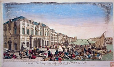 Uitzicht op de haven van Marseille vanaf het stadhuis tijdens de pestepidemie van 1720 Gravure van 1720 Parijs, B.N. door Unknown artist