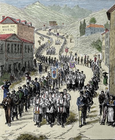 Zicht op de processie van het station naar de grot van Lourdes in de Hoge Pyreneeën waar de Maagd verscheen aan Bernadette Soubirous in 1858, huidige bedevaartplaats. Gravure uit de 19e eeuw door Unknown artist
