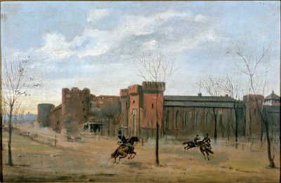 Uitzicht op het Sforza-kasteel met cavalerietraining door Unknown artist