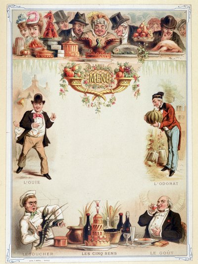 Maagd menu, illustreert de vijf zintuigen - chromolithografie, eind 19e eeuw door Unknown artist