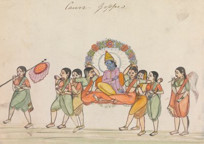 Vishnu rijdend op een draagstoel samengesteld uit vrouwelijke bedienden door Unknown artist
