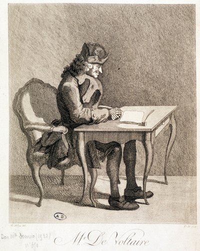 Voltaire aan zijn werktafel - gravure door Unknown artist