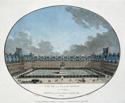 Vue de la Place Royale à Paris (Place des Vosges) (gravure 18e eeuw) door Unknown artist