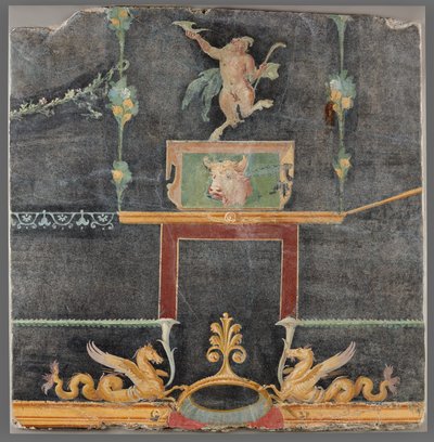 Muurfragment met dansende sater, hippocamps en andere decoratieve motieven op zwarte ondergrond door Unknown artist