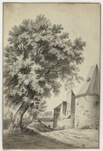 Ommuurd dorp en hoge boom door Unknown artist