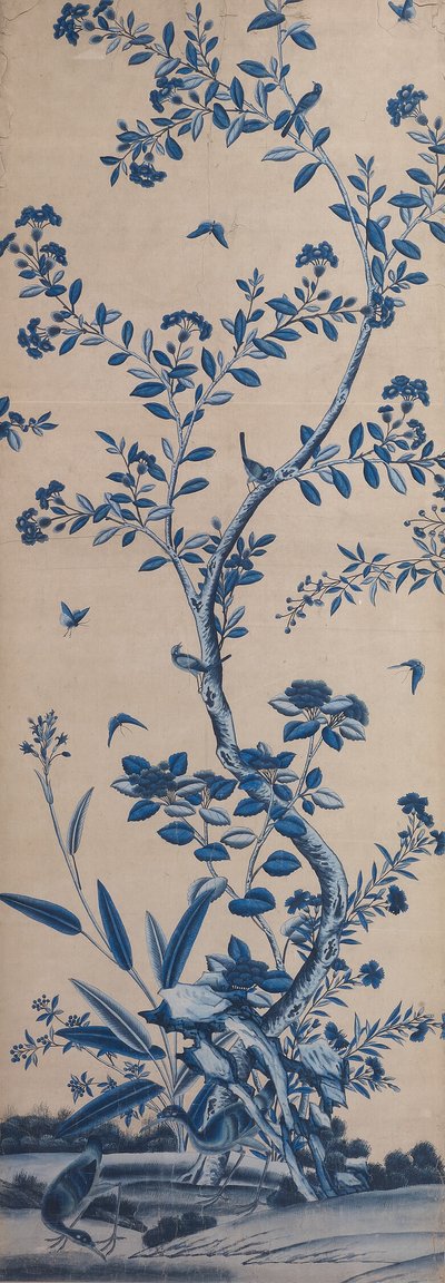Behangpaneel met vogels en bloeiende bomen door Unknown artist