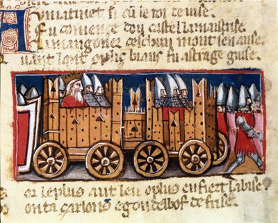 Oorlogsmachines, voorloper van de tank, gebruikt door Karel de Grote tegen de Moren van Spanje - in 