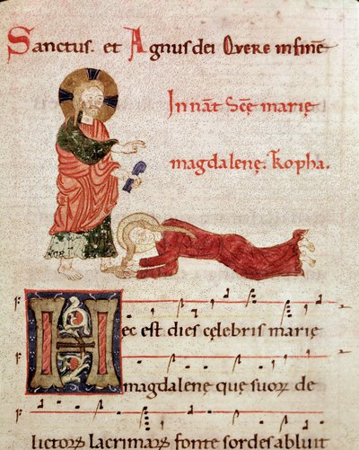 Voetwassing: Maria Magdalena leunt op de voeten van Christus Miniatuur uit een graduale antifonarium (tropair) (ms. 65) 12e eeuw Piacenza, Biblioteca Capitolare door Unknown artist