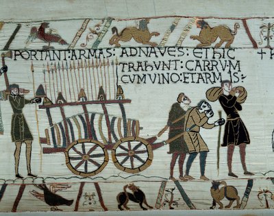 Wapens en wijn worden naar de schepen gebracht tijdens de bevoorrading voor de verovering van Engeland door de vloot van Willem de Veroveraar in 1066 (detail van het tapijt van Bayeux) door Unknown artist