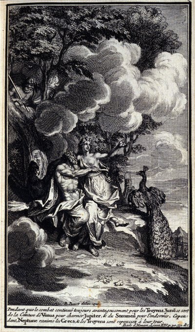 Terwijl het gevecht voordelig blijft voor de Trojanen, gebruikt Juno de gordel van Venus om Jupiter te betoveren en slaap om hem in slaap te brengen. Ondertussen herleeft Neptunus de Grieken en worden de Trojanen verdreven. Illustratie van boek XIV van de  door Unknown artist