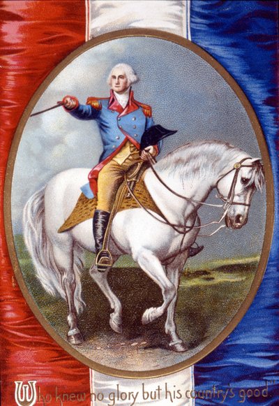 Wie geen glorie kende behalve het welzijn van zijn land: George Washington (1732 - 1799) rijdend in medaillon op de achterkant van de Franse vlag door Unknown artist