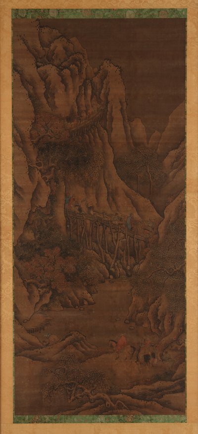 Winterlandschap: heuvels en rivier; figuren van reizigers te paard door Unknown artist