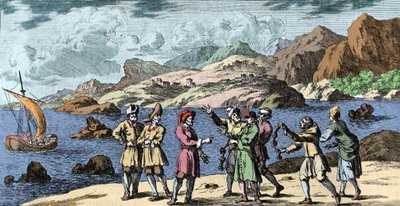 Hekserij en overtuigingen: Finnen en Sami die een storm oproepen door de magie van drie knopen. Gravure uit 