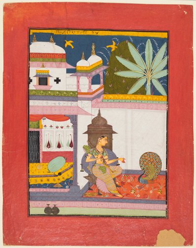 Vrouw die een pauw aanspreekt: Gujari Ragini van Megh, uit een Ragamala door Unknown artist