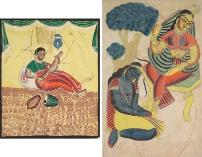Vrouw speelt muziek (recto); Krishna streelt Radha
