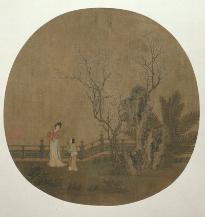 Vrouw met vrouwelijke bediende in een paleistuin door Unknown artist