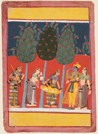 Vrouwen spelen muziek voor Radha en Krishna: Chitrini Nayika, uit een Rasikapriya door Unknown artist