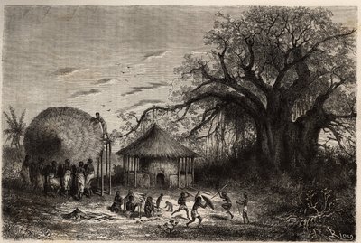 Vrouwen van de oevers van de Zambezi die hutten zwaaien en op de voorgrond, kinderspel. Gravure ter illustratie van Dr. Livingstone