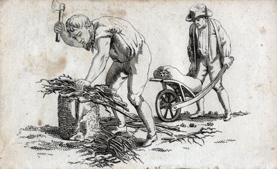 Houthakkers die houtbundels maken en man die bundels op een kruiwagen draagt. Eindgravure van de 18e eeuw. Privécollectie door Unknown artist
