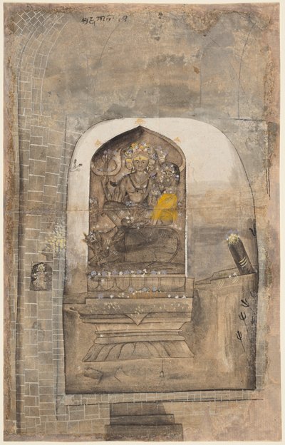 Aanbidding van stenen beeld van Shiva en Parvati in een heiligdom door Unknown artist