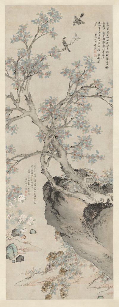 Gele Chrysanten en Rode Osmanthus in de Stijl van Wang Yuan door Unknown artist