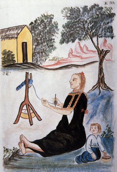 Jonge Indiaanse vrouw die wol spint, uit het boek "Trujillo del Peru" of "Códice Martínez Compañón", door Baltazar Martinez Compañón y Bujanda, bisschop van Trujillo (1782-1785) door Unknown artist