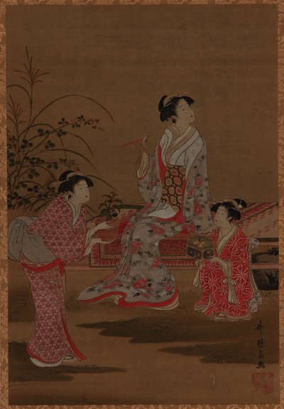 Jonge vrouw, met twee meisjes als bedienden, zittend in een tuin door Unknown artist