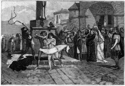 Een man en een vrouw overspelers worden gegeseld op het dorpsplein in een dorp in Frankrijk in de middeleeuwen. Gravure uit de 19e eeuw die de zeden van de Fransen illustreert. door Unknown artist