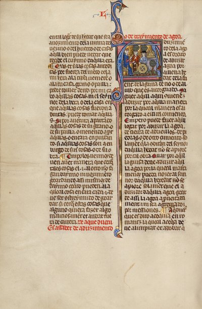 Beginletter A: een rechter en twee mannen wijzen naar een aquaduct en een molenrad door Unknown artist/maker