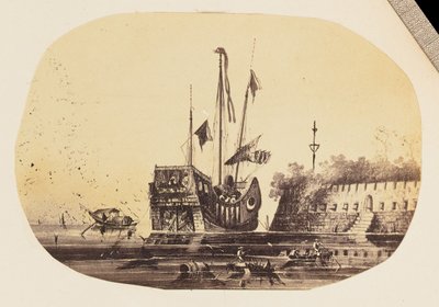 [Fotografische kopie van een tekening van een afgemeerd schip naast een fort]. door Unknown artist/maker