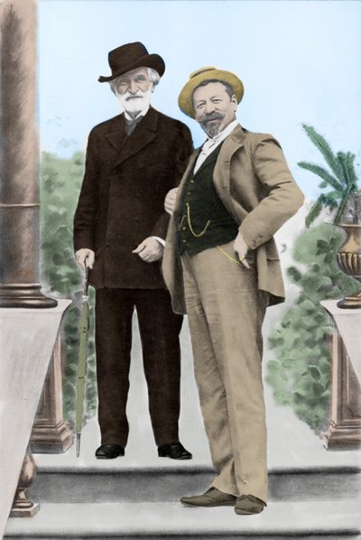 Giuseppe Verdi, Italiaanse componist, en tenor Francesco Tamagno in Montecatini aan het einde van de 19e eeuw door Unknown photographer