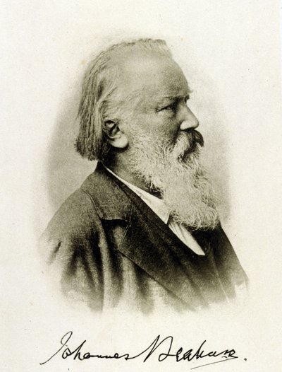 Portret van Johannes Brahms (1833-1897), Duitse componist op een gesigneerde foto door Unknown photographer