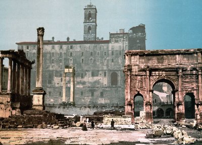 Rome. Tempel van Saturnus en Boog van Septimius Severus. Fotochroom ca. 1900 door Unknown photographer