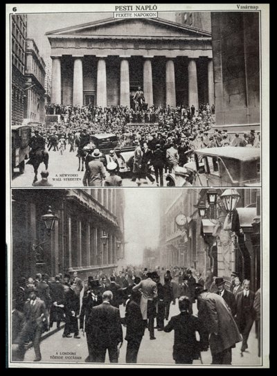 Boven: Zwarte Dagen op Wall Street; Onder: de Beurs in Londen ten tijde van de Crash in 1929, uit 
