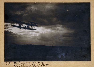 Wilbur Wright tijdens de vlucht, met handtekening 