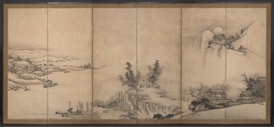 Chinese paviljoens in een landschap door Unkoku Toeki