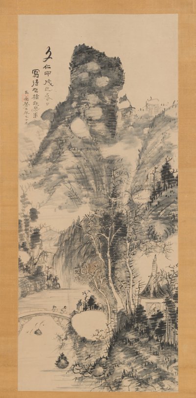 Op een rustieke brug, een citer dragend Yakyo hokin zu, 1814 door Uragami Gyokudo