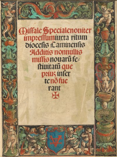 Titelpagina voor een missaal, met satyr en putti rand [verso] door Urs Graf I