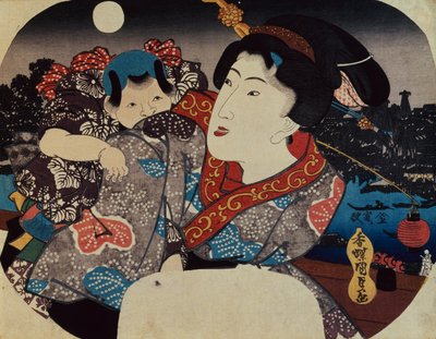 Een Vrouw die een Kind op haar Rug Draagt door Utagawa Kunisada