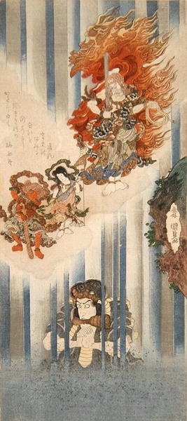 Acteurs Ichikawa Danjuro VII als Mongaku en Matsumoto Koshiro V als Fudo-myoo (boven) door Utagawa Kunisada